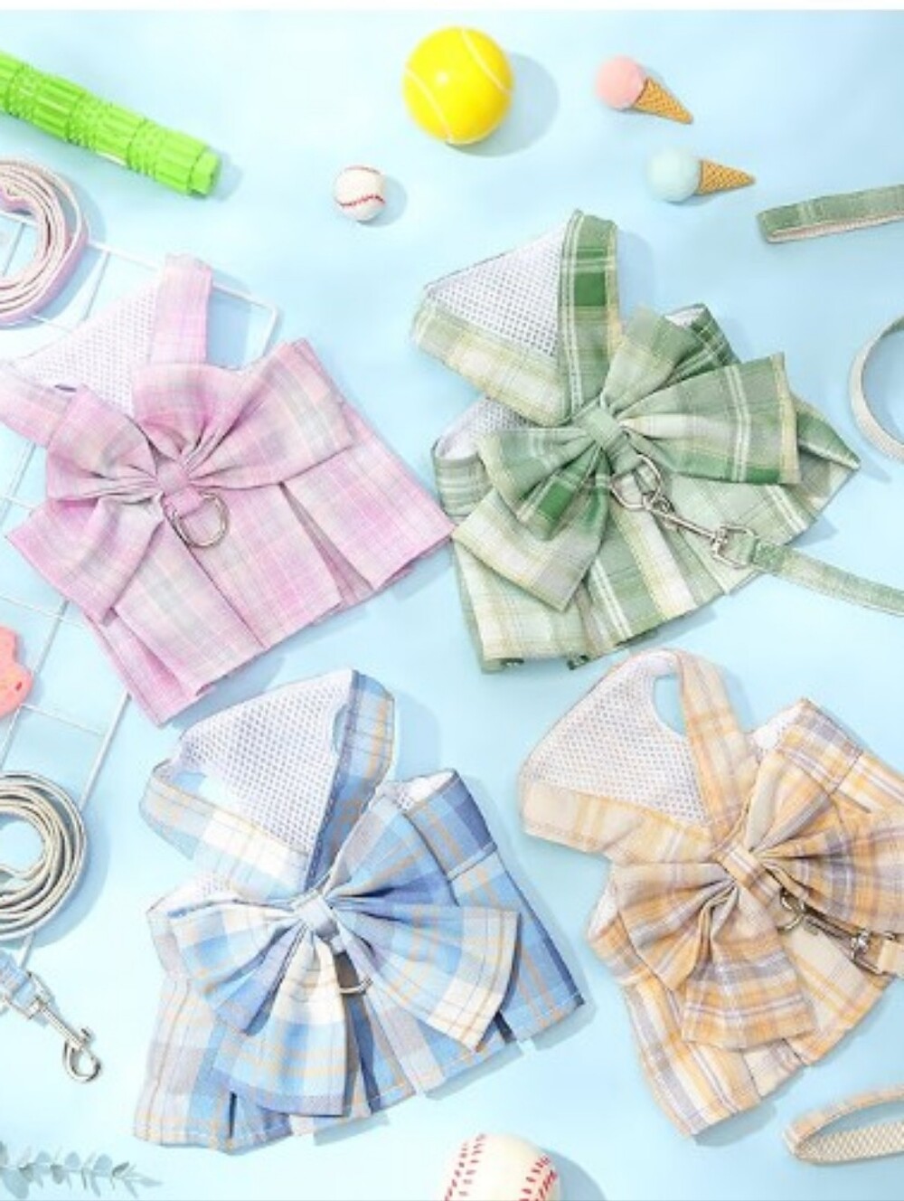 Plaid Bow-Tie Harness & Leash Set for Kids' Pets - Pink, Green, Blue, Yellow